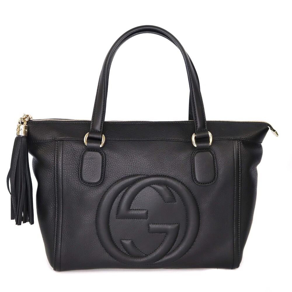 GUCCI Soho Interlocking GG Handbag Tote Bag Black Tassel Leather